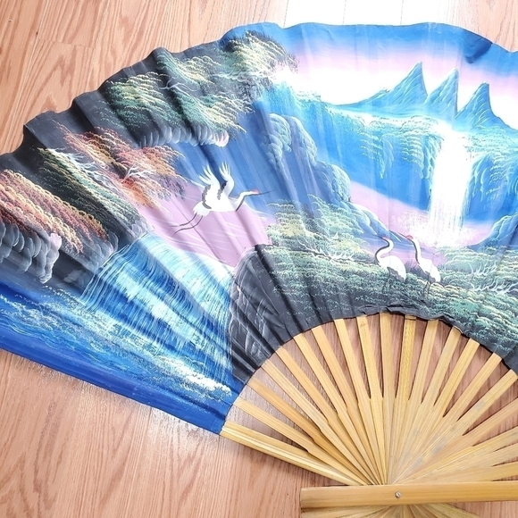VINTAGE Large Fan 59x36 Handpainted Sky Scene Wal Art - Picture 6 of 16